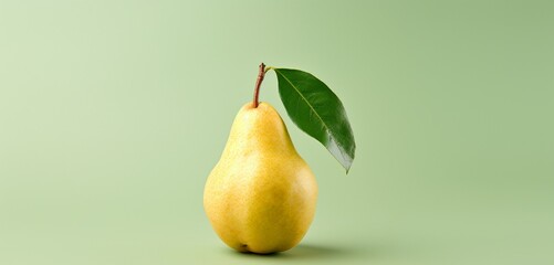 A single pear, side-angle, realistic in Agfa Vista 400 style, against a light green backdrop, with...