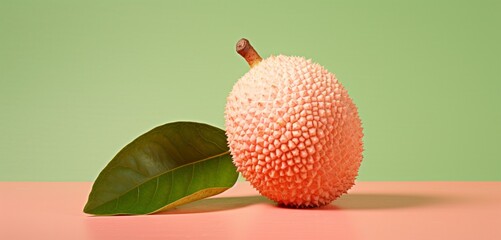 A fresh lychee, side-angle, realistic in Agfa Vista 400 style, against a light green backdrop, with...