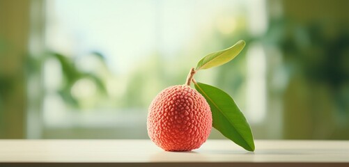 A fresh lychee, side-angle, realistic in Agfa Vista 400 style, against a light green backdrop, with...