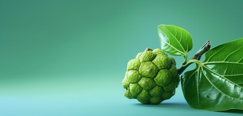 A fresh noni fruit, side-angle, realistic in Agfa Vista 400 style, against a light green backdrop,...
