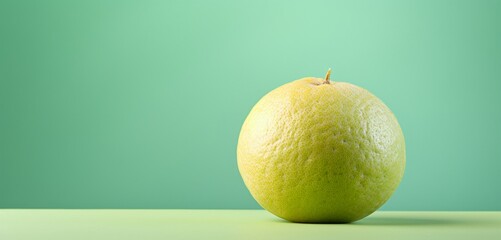 A fresh pomelo, side-angle, realistic in Agfa Vista 400 style, against a light green backdrop, with...