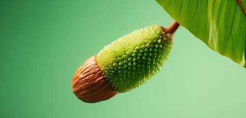 A fresh salak, side-angle, realistic in Agfa Vista 400 style, against a light green background,...
