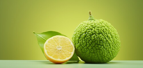 A juicy ugli fruit, side view, realistic with Agfa Vista 400 film effect, on a light green surface,...