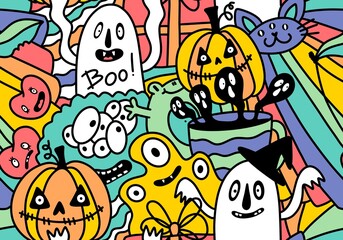 Halloween cartoon doodle seamless pumpkins and ghost pattern for wrapping paper and fabrics and linens
