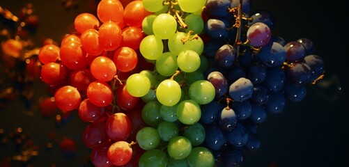 A neon green cherry, a royal blue apricot, and a sunset orange grape, captured from high above, drone Impressionist photography, 32K hyper quality