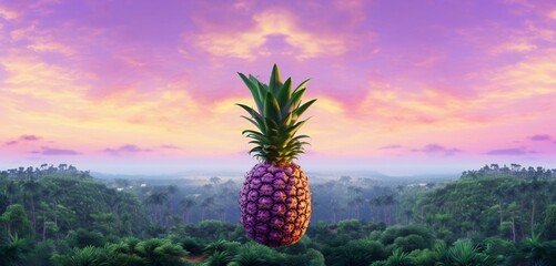 A pastel purple mango, a bright yellow strawberry, and a forest green pineapple, sky-high view, aerial Impressionism, ultra HD 32K