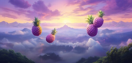 A pastel purple mango, a bright yellow strawberry, and a forest green pineapple, sky-high view,...