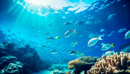 Fototapeta na wymiar Underwater world, fish swimming in blue water