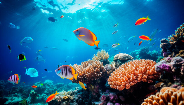 Underwater world, beautiful bright fish swimming in blue water between corrals