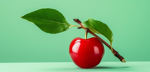 A plump acerola cherry, side-angle, realistic Agfa Vista 400 look, against a light green backdrop, with diffused and soft lighting. - obrazy, fototapety, plakaty