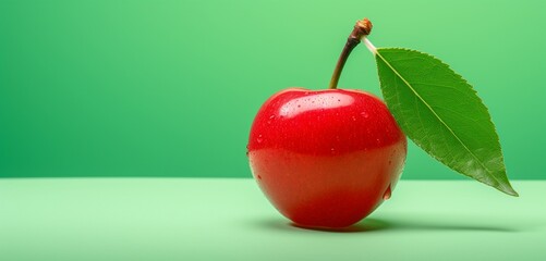 A plump acerola cherry, side-angle, realistic Agfa Vista 400 look, against a light green backdrop,...