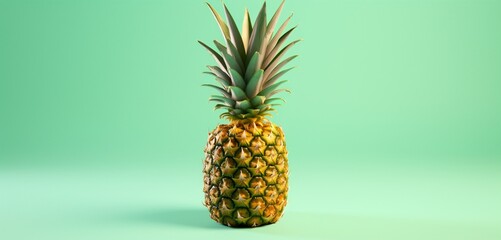 A plump pineapple, side-angle, realistic Agfa Vista 400 look, against a light green surface, with...