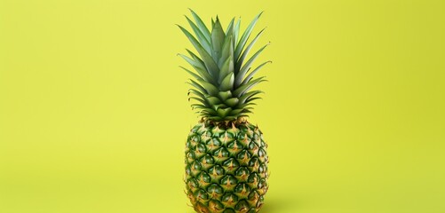 A plump pineapple, side-angle, realistic Agfa Vista 400 look, against a light green surface, with...