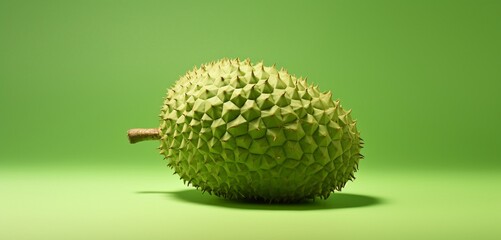 A plump soursop, side-angle, realistic Agfa Vista 400 look, against a light green surface, with...