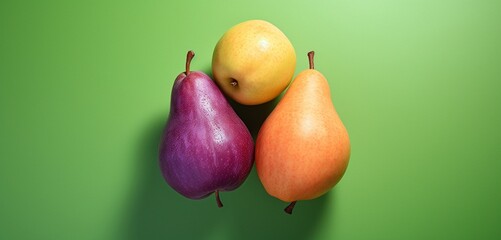 A purple pear, a green apple, and a pink grapefruit placed together, front view, remote control aerial photography, Impressionism, 32K, hyper quality - Powered by Adobe