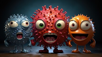 Cartoon characters cute, funny evil viruses, whimsical and infectious, creative and humorous animation of infectious microorganisms in comical and imaginative scenarios.