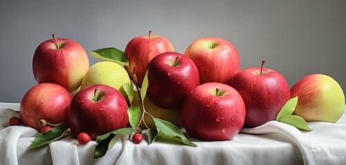 A realistic arrangement of glossy Red Delicious apples and vibrant Granny Smith apples on a soft pastel grey cloth, capturing the natural textures and colors of the fruits