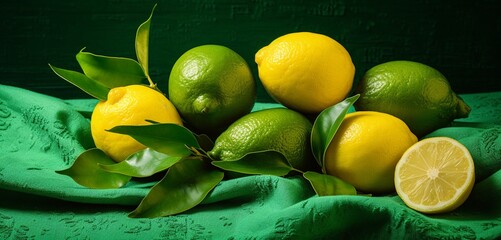 A realistic display of yellow lemons and green limes on a pastel emerald cloth, highlighting their glossy textures and vibrant colors