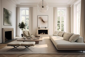 Fototapeta na wymiar Chic modern classic minimalist living room with iconic furniture, a muted color palette, and large windows for natural light