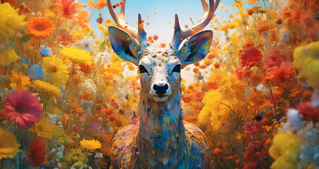 deer in the forest of flowers, ai generated. - obrazy, fototapety, plakaty