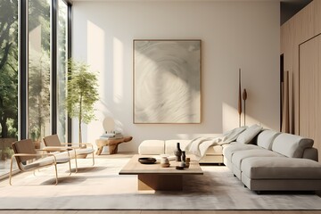 Chic modern classic minimalist living room with iconic furniture, a muted color palette, and large windows for natural light
