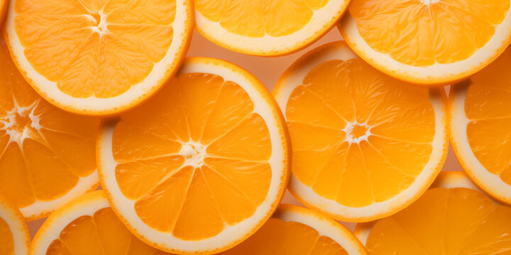 Sliced ​​orange circles top view, orange background
