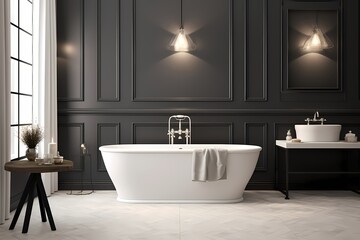 Chic modern classic minimalist bathroom interior featuring a stylish bathtub, monochromatic tiles, and thoughtful lighting