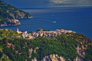 Fototapeta premium Cinque Terre views from hiking trails of seaside villages on the Italian Riviera coastline. Liguria, Italy, Europe. 2023 Summer. 