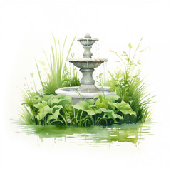A simple watercolor fountain surrounded with plants and grass
