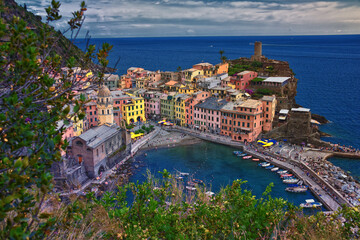 Naklejka na ściany i meble Cinque Terre views from hiking trails of seaside villages on the Italian Riviera coastline. Liguria, Italy, Europe. 2023 Summer. 