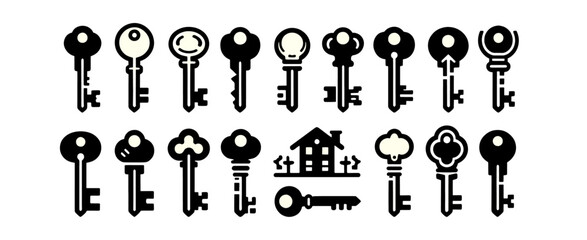 Key icon set. House key black silhouette collection.