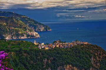 Fototapeta na wymiar Cinque Terre views from hiking trails of seaside villages on the Italian Riviera coastline. Liguria, Italy, Europe. 2023 Summer. 