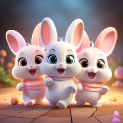 Obraz na płótnie Canvas Join the playful 3D bunnies as they hop together in a cheerful animation. These adorable rabbits bring joy and whimsy, perfect for adding a delightful touch to your projects or designs.