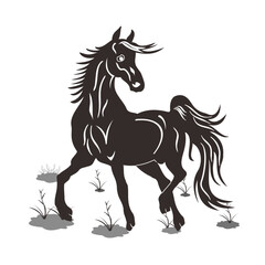 Drawing the black silhouette of running horse on a white background