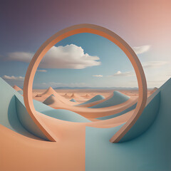 3d render Surreal pastel landscape background with geometric shapes, abstract fantastic desert dune in seasoning landscape with arches, panoramic, futuristic scene with copy space -generated by ai