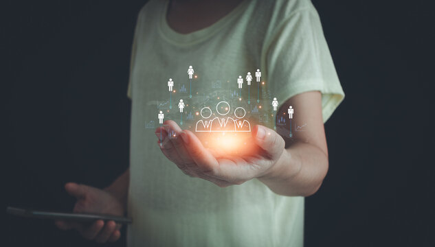 Customer Relationship Management, CRM, Business person use tablet with global structure human resources hr management recruiting employment hiring concept. Client service digital network technology.