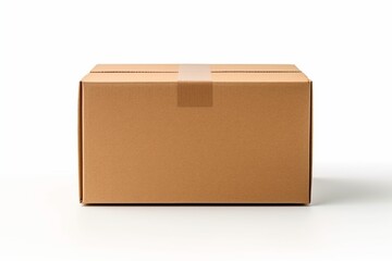 Empty cardboard box with blank label, on a solid white background, one flap of the lid standing upright,