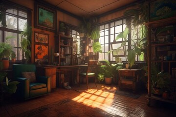 Illustration of an exotic green apartment adorned with plants, a leather chair, and paintings hanging above a wooden cabinet. Generative AI