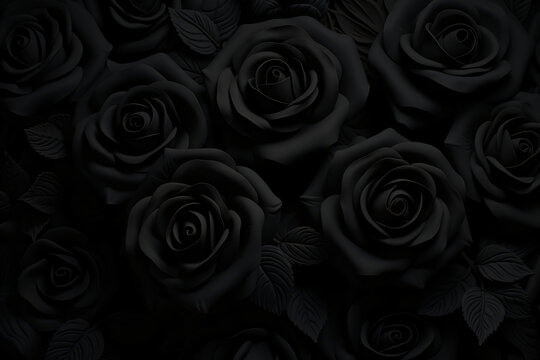 Black roses and leaves cluster together, enveloped in mystery and accentuated by subtle lighting, exuding an aura of elegance and intrigue.