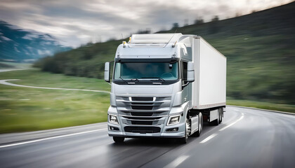 Fototapeta na wymiar Semi truck driving on a road. Semi truck shipping commercial cargo in refrigerated semi trailer. Truck is driving fast with a blurry environment. Concept of cargo transportation and delivery of goods.
