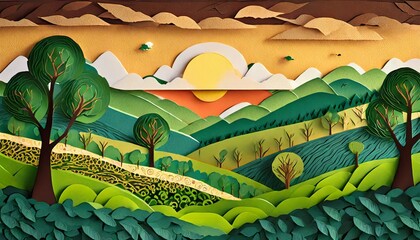 paisaje de cafetales hechos de recortes de papel