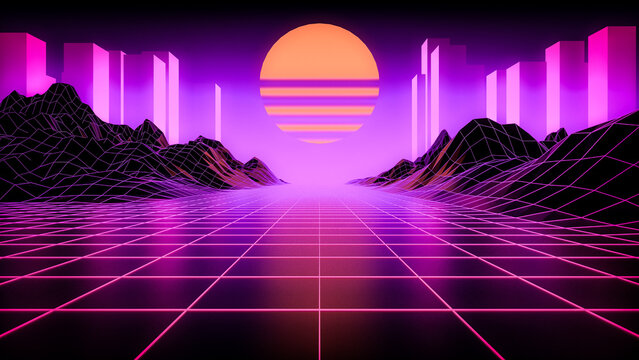 3D rendering of synthwave retro 80's style low poly landscape with sunset and buildings