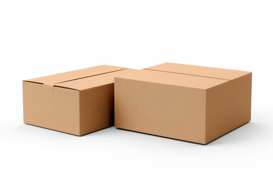 Single empty cardboard box with blank label, on a solid white background, box positioned at an angle to show three sides,