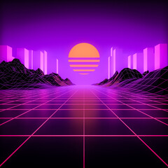 3D rendering of synthwave retro 80's style low poly landscape with sunset and buildings