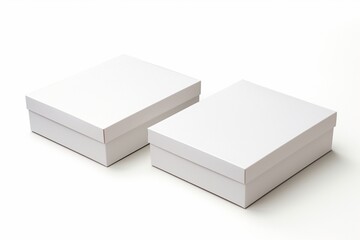 A duo of white magnetic cardboard boxes, one lid up and one lid down, displayed on an isolated white surface, each with a blank, clear label space