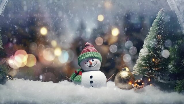 animated Christmas concept in the cave decorations with a snowman surrounded by snowfall. Cartoon style. seamless looping time lapse video 4k animation background.