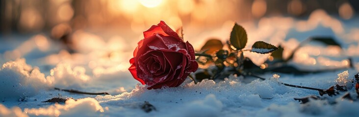 red rose on snow floor on a snowy storm valentine's day. - obrazy, fototapety, plakaty