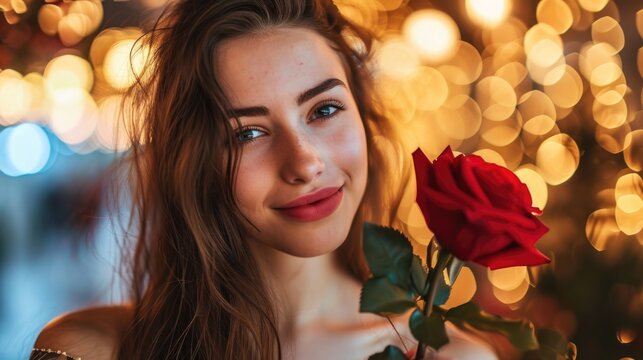 beautiful healthy woman model with red rose on Valentine's day