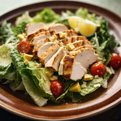 Fototapeta na wymiar Grilled Chicken Caesar Salad - A Satisfying Blend of Grilled Chicken, Crisp Greens, and Zesty Caesar Dressing