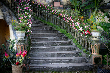 Flowery stairs - old architecture in Vietnam